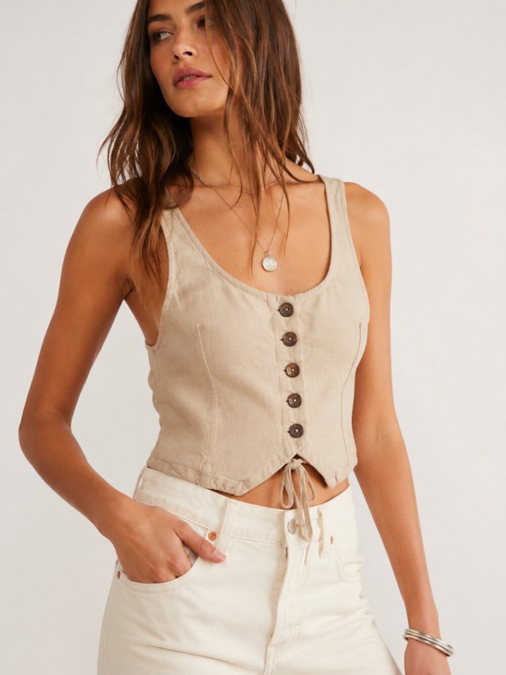 Free People Copped Open Back Corset Linen Button Vest Tan